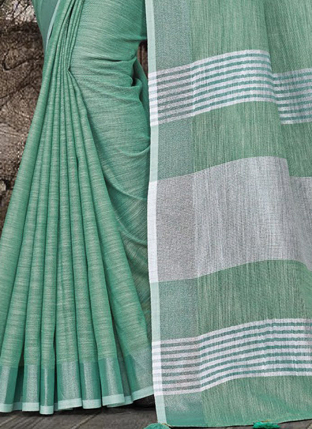 Women's Sea Green Linen Woven Work Traditional Tassle Saree - Sangam Prints