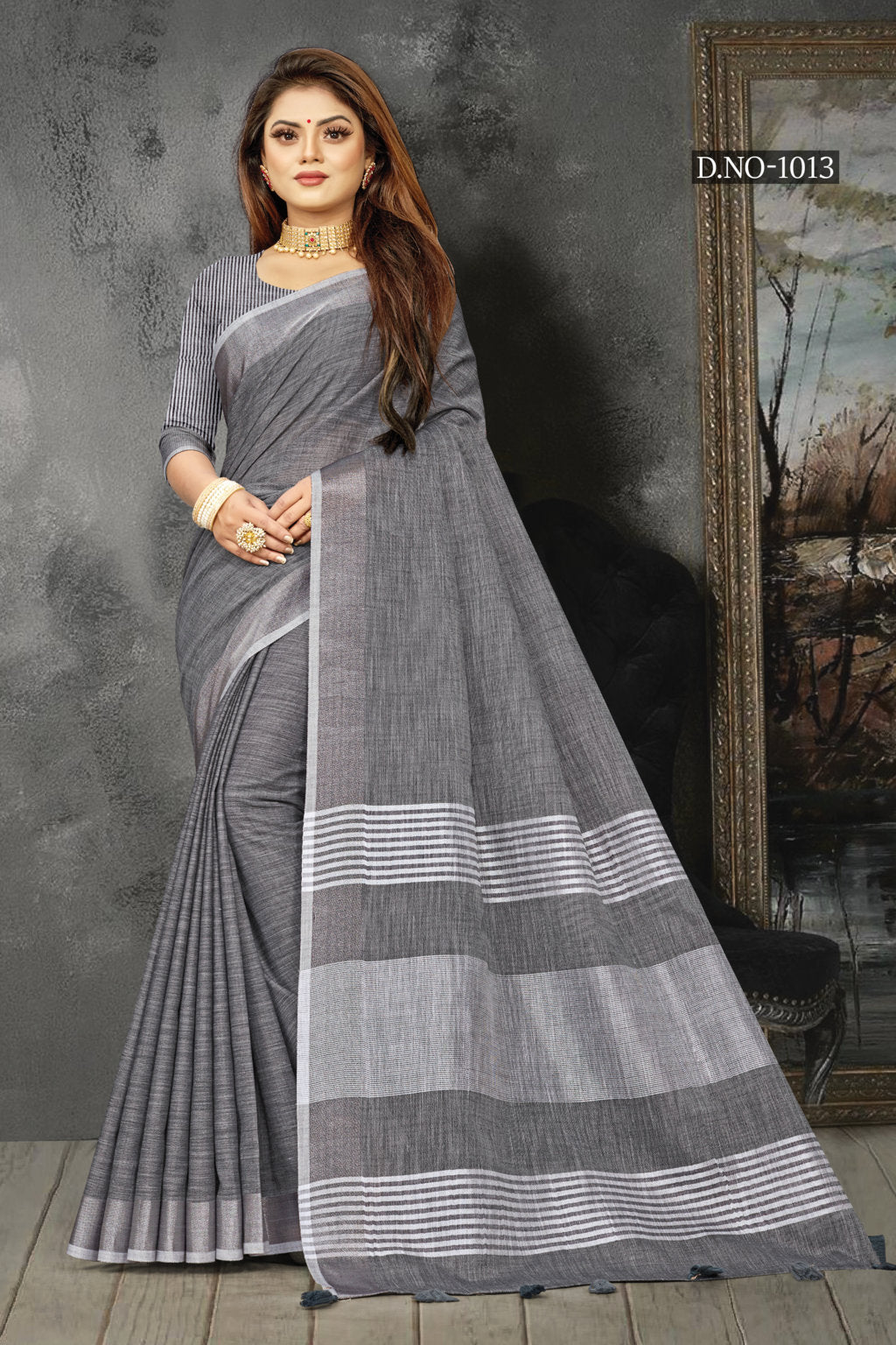 Women's Dark Grey Linen Woven Work Traditional Tassle Saree - Sangam Prints