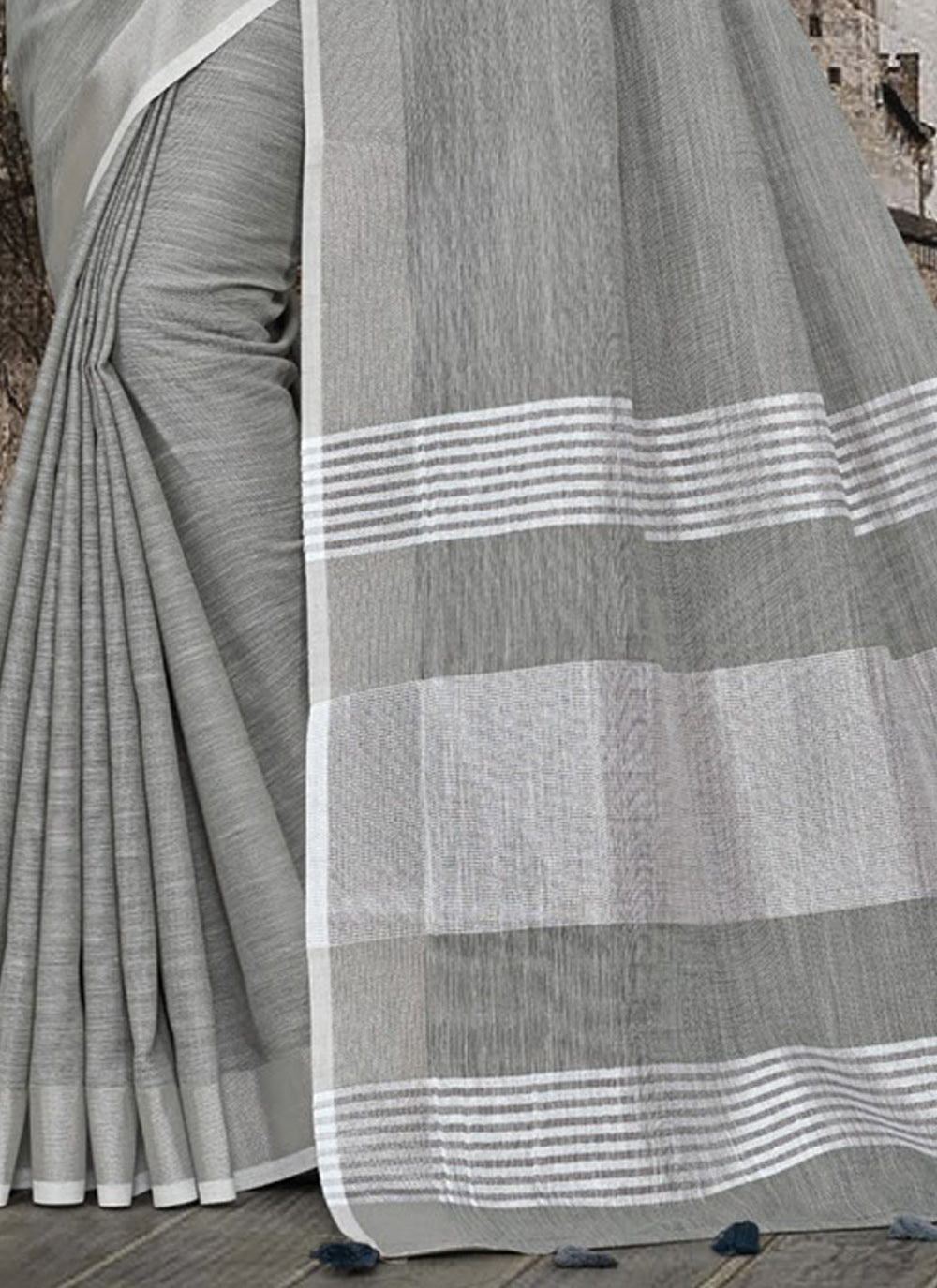 Women's Dark Grey Linen Woven Work Traditional Tassle Saree - Sangam Prints