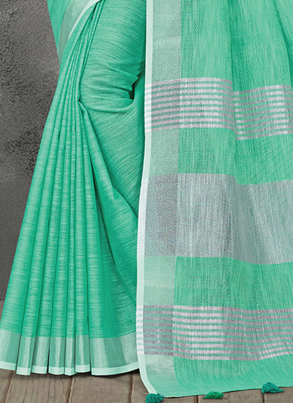 Women's Turquoise Linen Woven Work Traditional Tassle Saree - Sangam Prints
