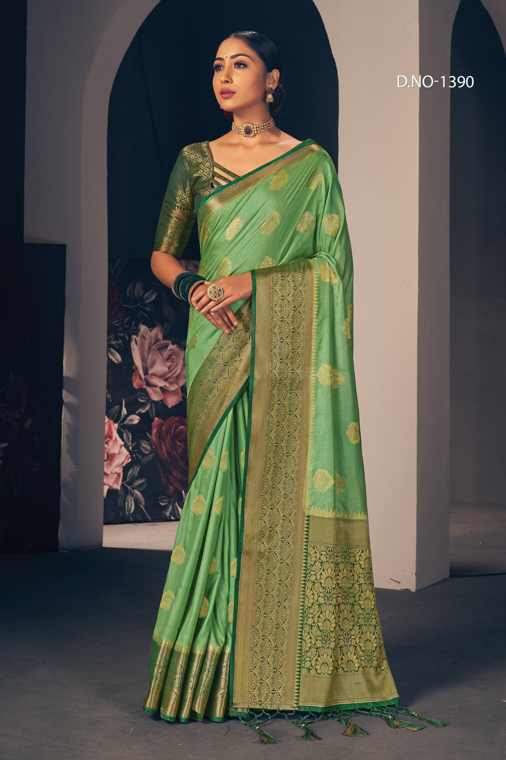 Women's Light Green Silk Woven Work Traditional Saree - Sangam Prints