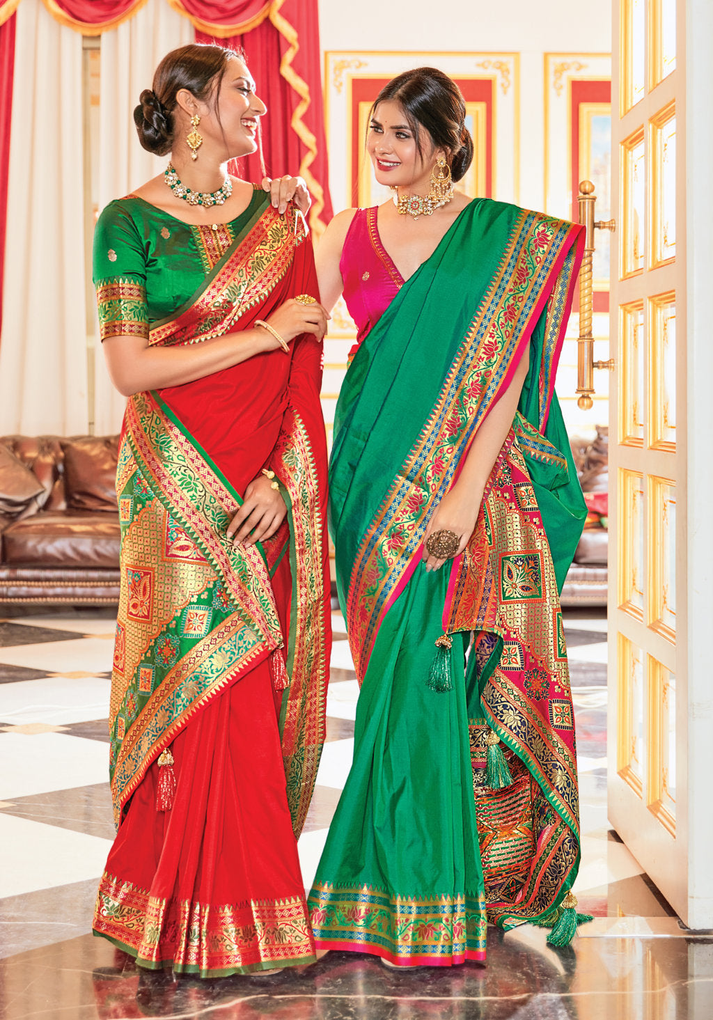 Women's Sangam Prints Rama Green Silk Woven Work Traditional Tassle saree - Sangam Prints
