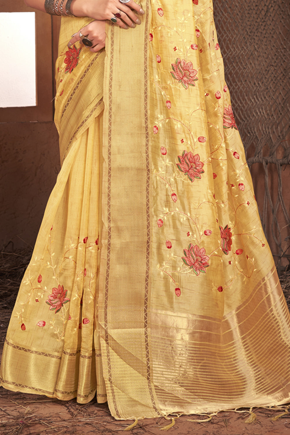 Women's Yellow Organza Embroidery With Stone Work Traditional Tassle Saree - Sangam Prints
