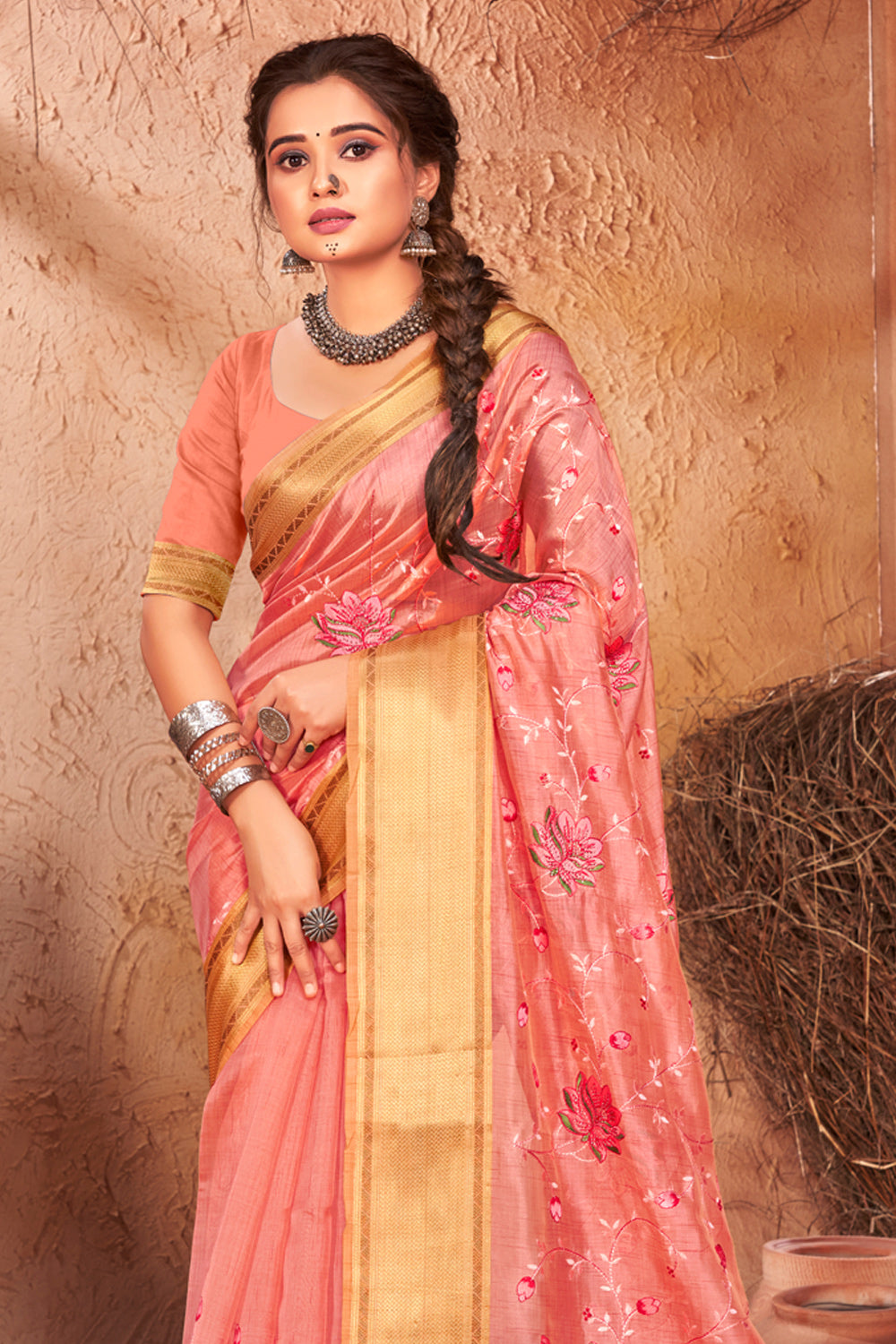 Women's Peach Organza Embroidery With Stone Work Traditional Tassle Saree - Sangam Prints
