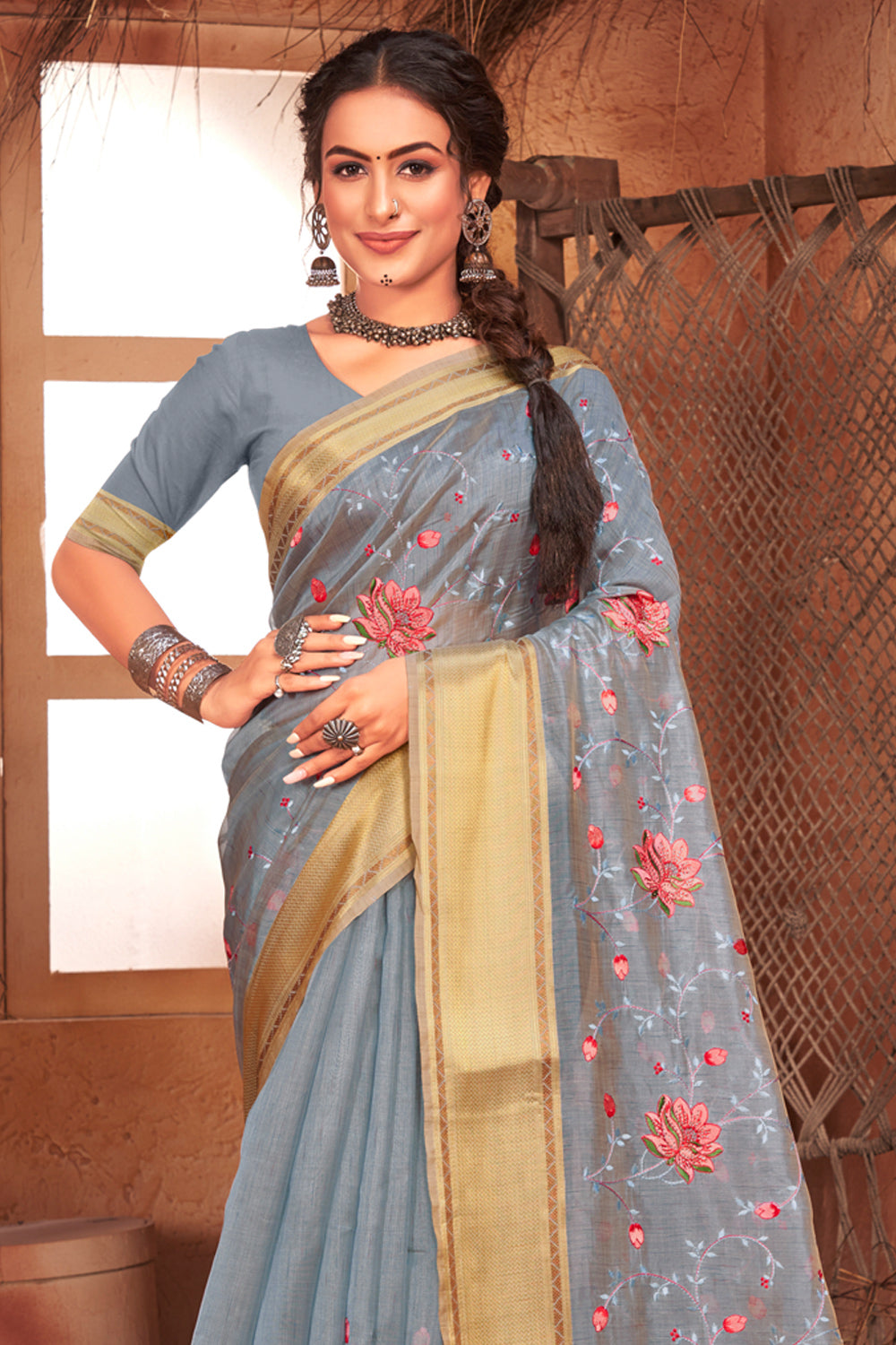 Women's Grey Organza Embroidery With Stone Work Traditional Tassle Saree - Sangam Prints