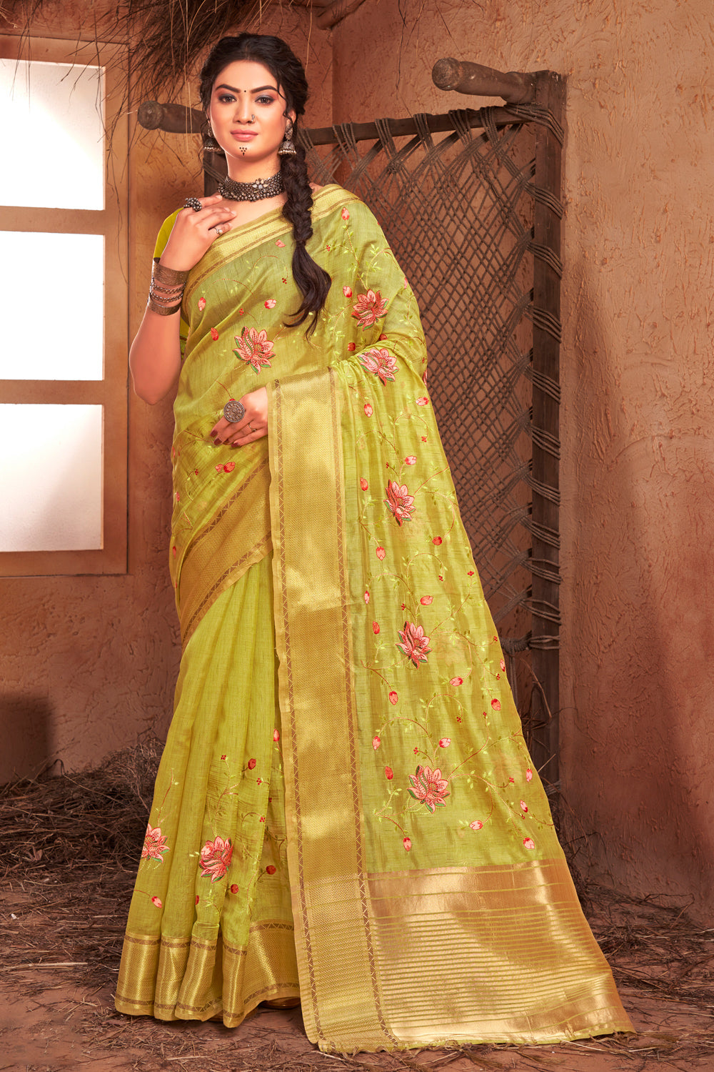 Women's Green Organza Embroidery With Stone Work Traditional Tassle Saree - Sangam Prints