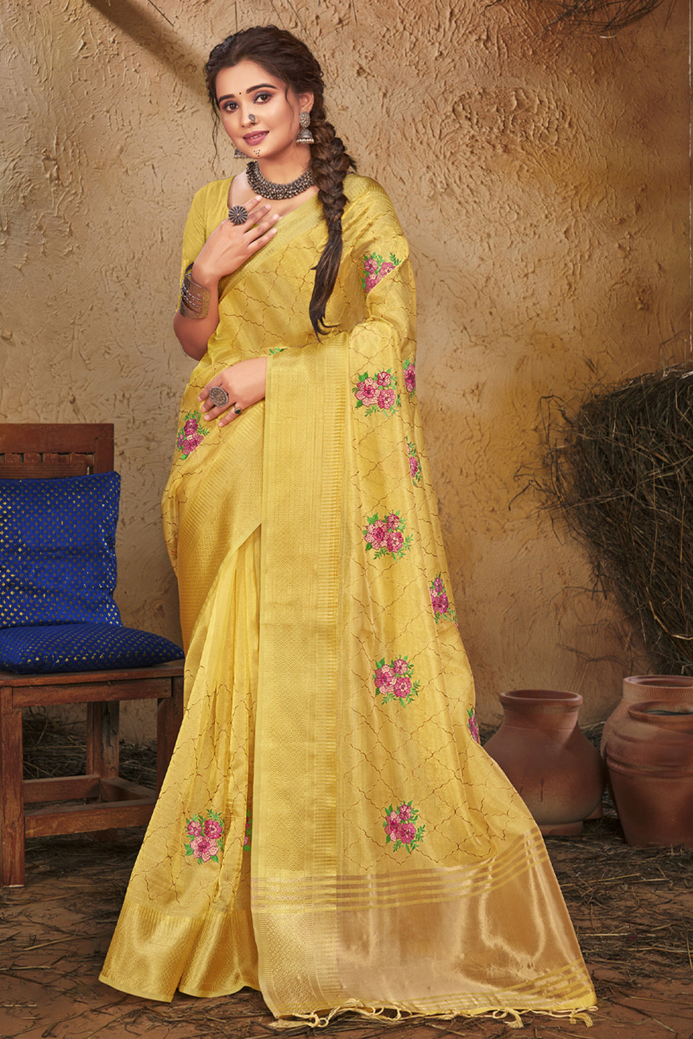 Women's Yellow Organza Embroidery With Stone Work Traditional Tassle Saree - Sangam Prints