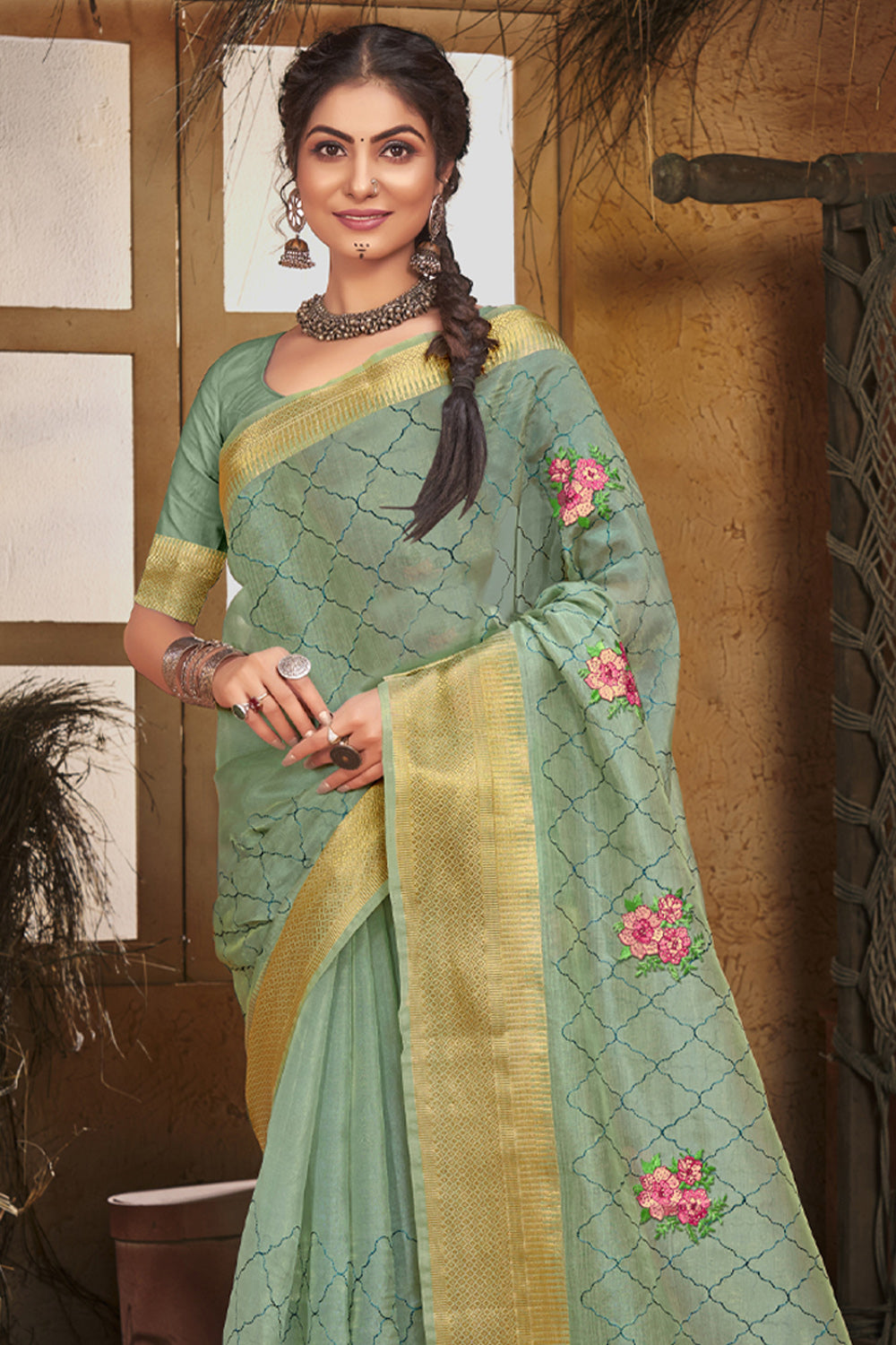 Women's Turquoise Organza Embroidery With Stone Work Traditional Tassle Saree - Sangam Prints