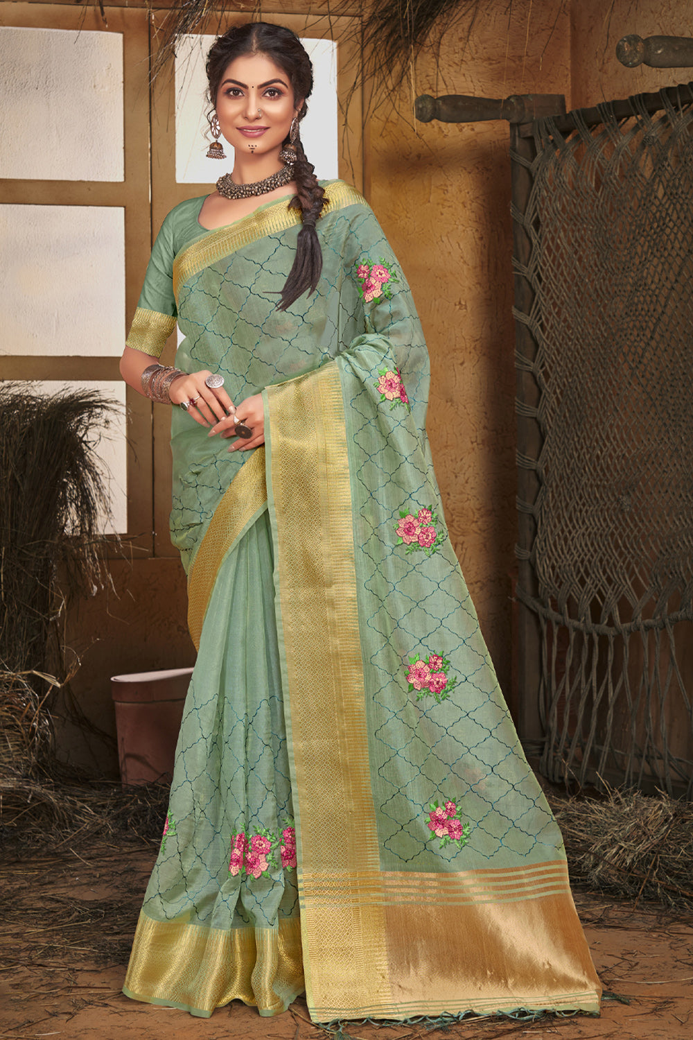 Women's Turquoise Organza Embroidery With Stone Work Traditional Tassle Saree - Sangam Prints