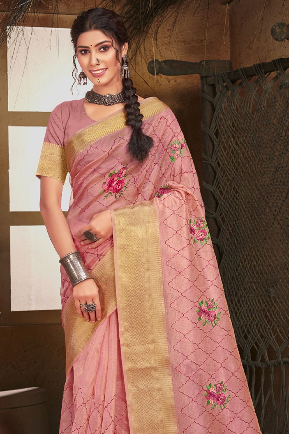 Women's Pink Organza Embroidery With Stone Work Traditional Tassle Saree - Sangam Prints