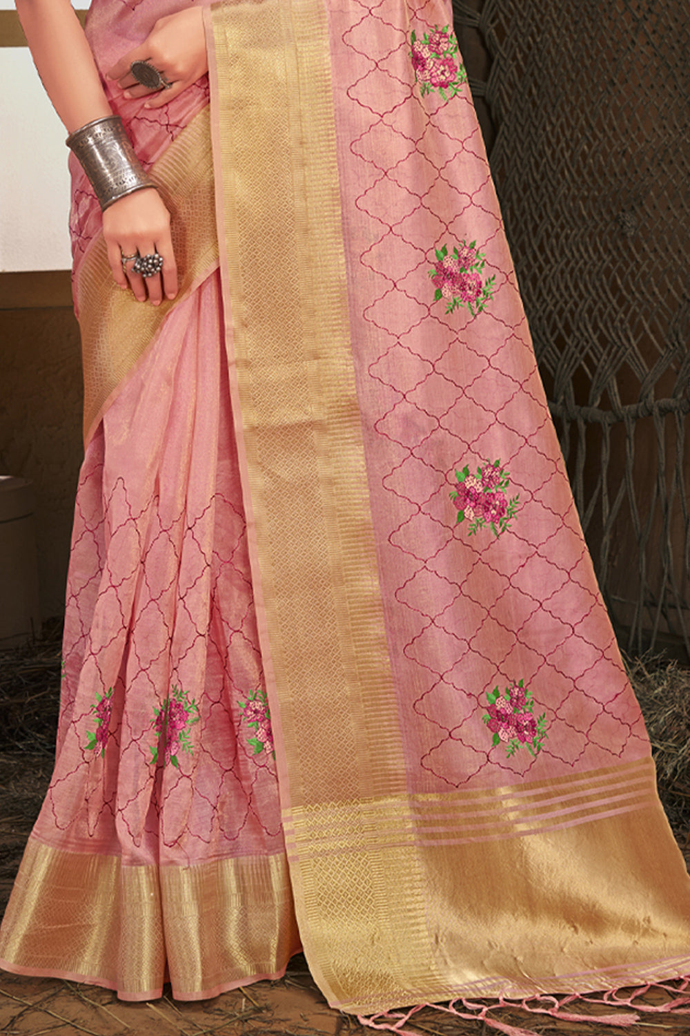 Women's Pink Organza Embroidery With Stone Work Traditional Tassle Saree - Sangam Prints
