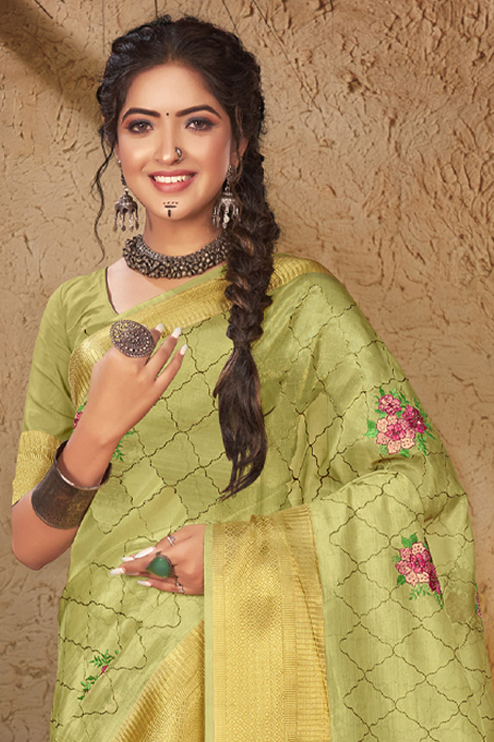 Women's Light Green Organza Embroidery With Stone Work Traditional Tassle Saree - Sangam Prints