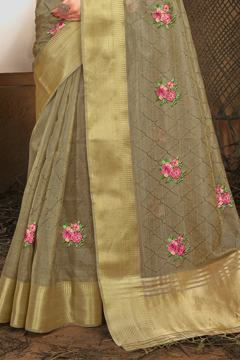 Women's Grey Organza Embroidery With Stone Work Traditional Tassle Saree - Sangam Prints
