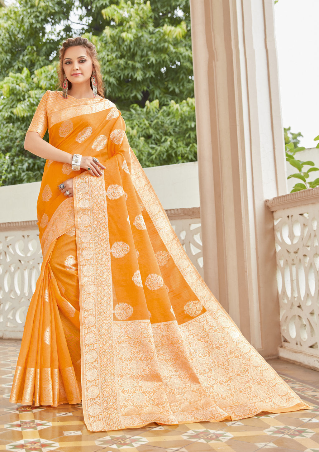 Women's Orange Linen Woven Work Traditional Saree - Sangam Prints
