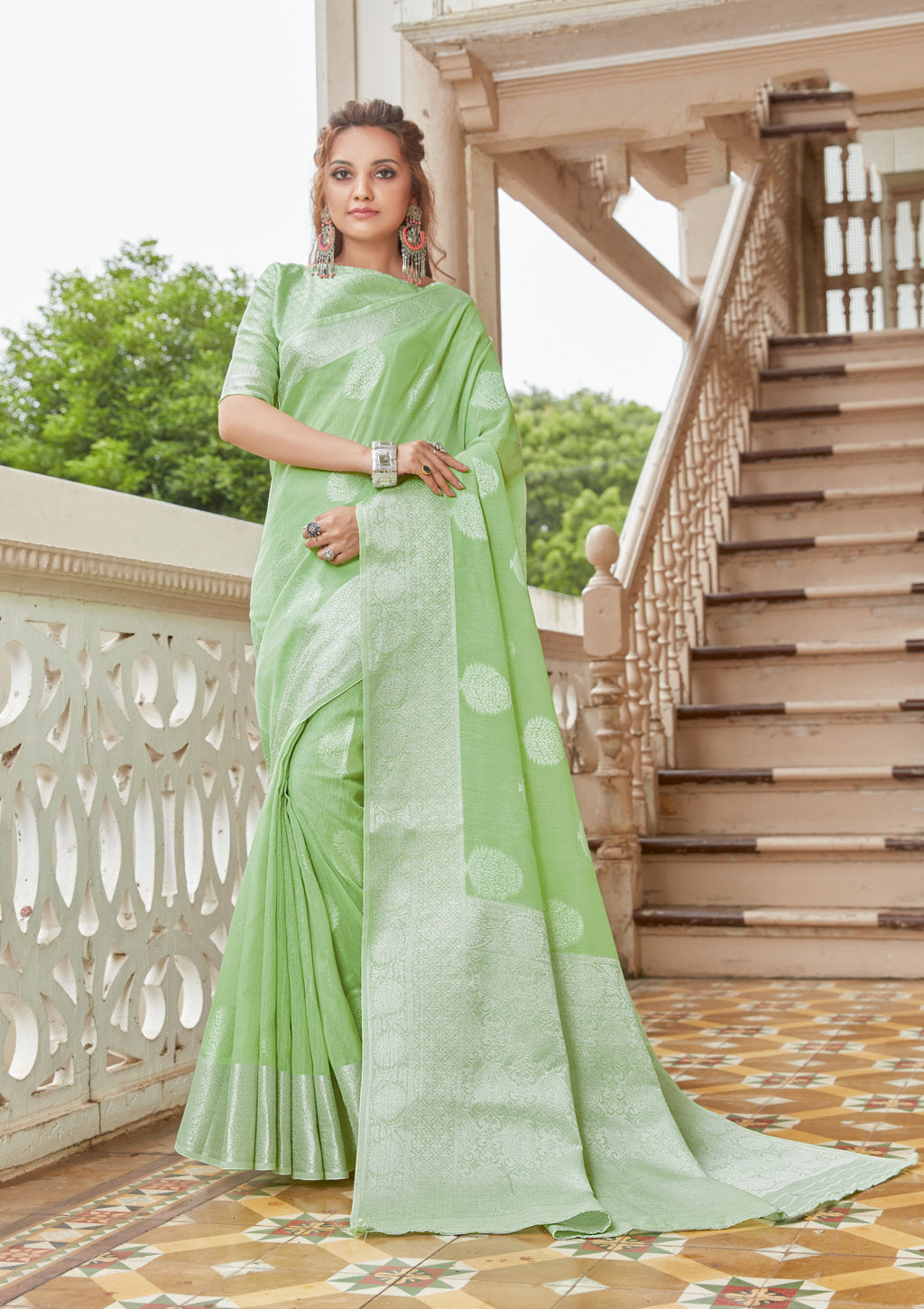 Women's Light Green Linen Woven Work Traditional Saree - Sangam Prints