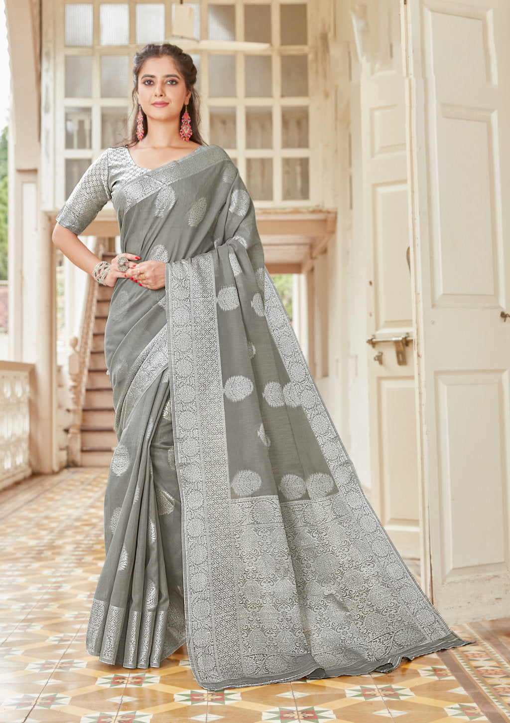 Women's Grey Color Linen Sarees - Sangam Prints