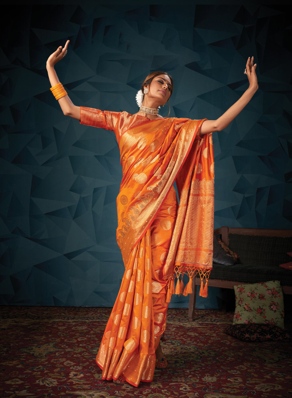 Women's Orange Silk Siroski Stone Work Traditional Tassle Saree - Sangam Prints