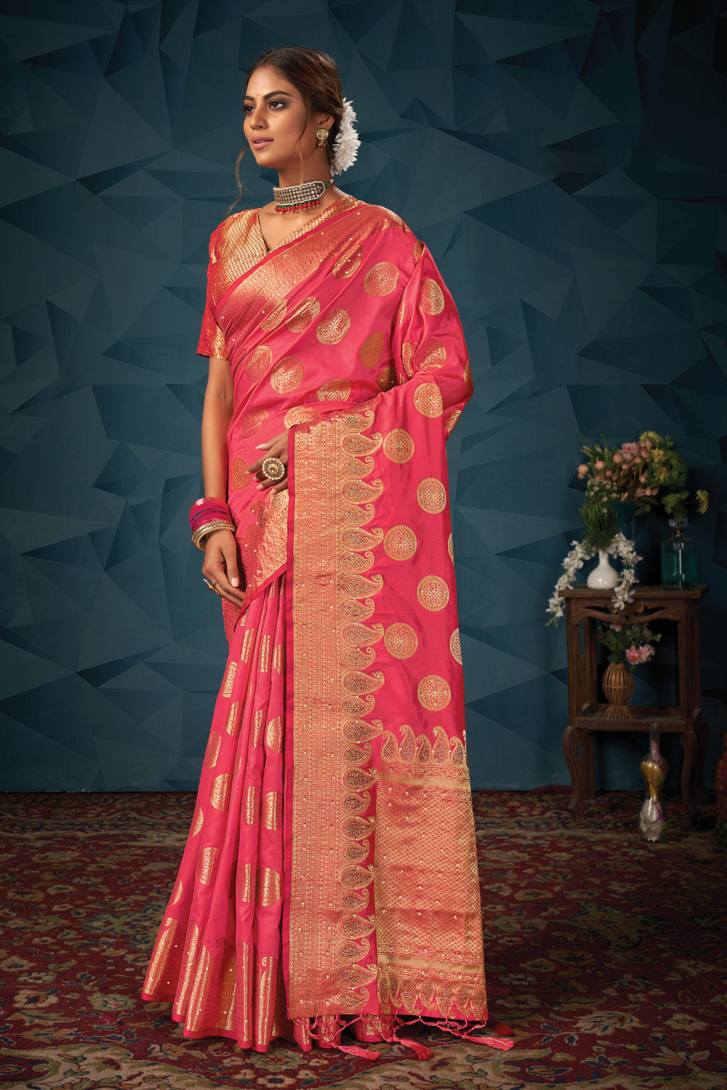 Women's Pink Silk Siroski Stone Work Traditional Tassle Saree - Sangam Prints