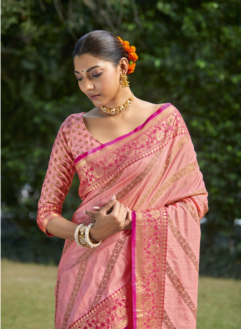 Women's Sangam Prints Pink Silk Woven Work Traditional saree - Sangam Prints