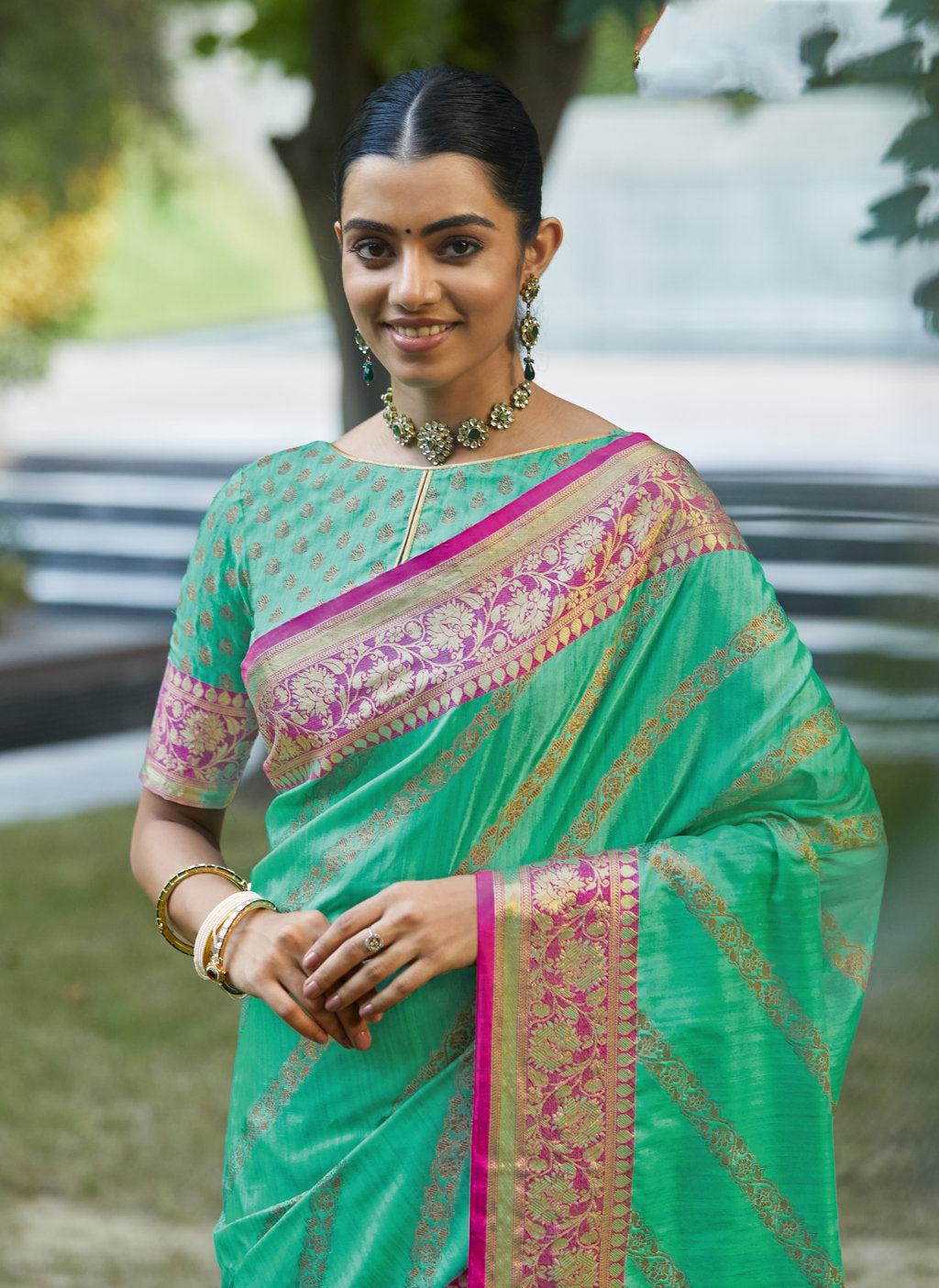 Women's Sangam Prints Sea Green Silk Woven Work Traditional saree - Sangam Prints