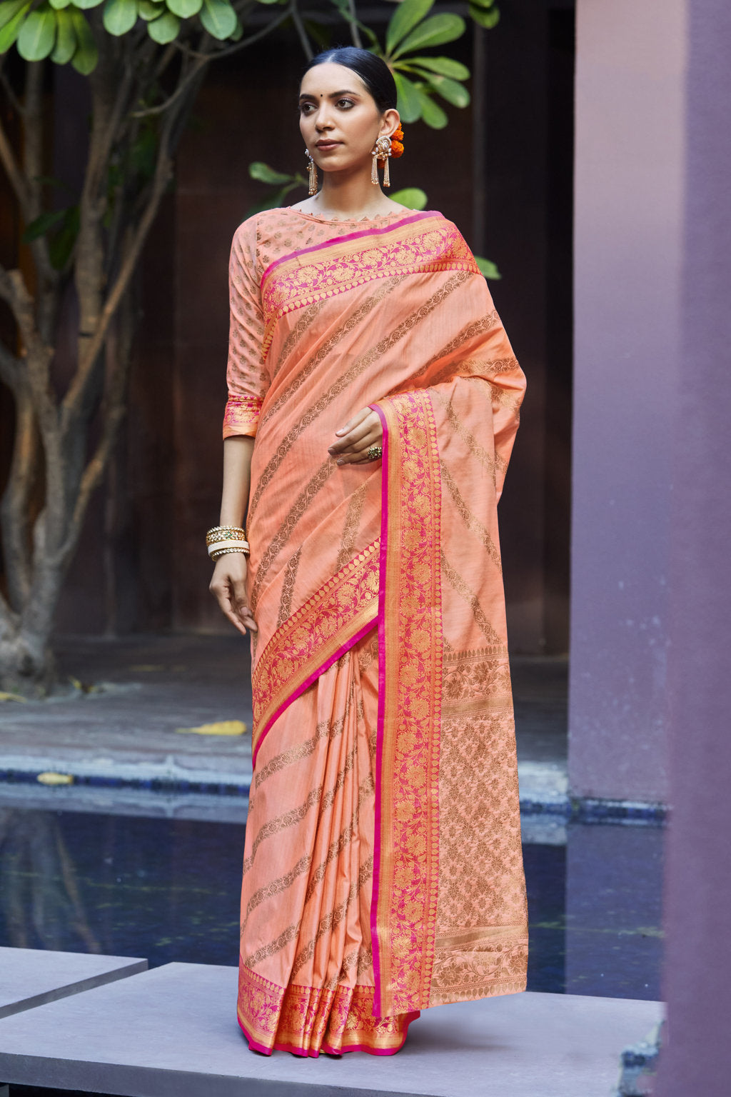 Women's Sangam Prints Peach Silk Woven Work Traditional saree - Sangam Prints