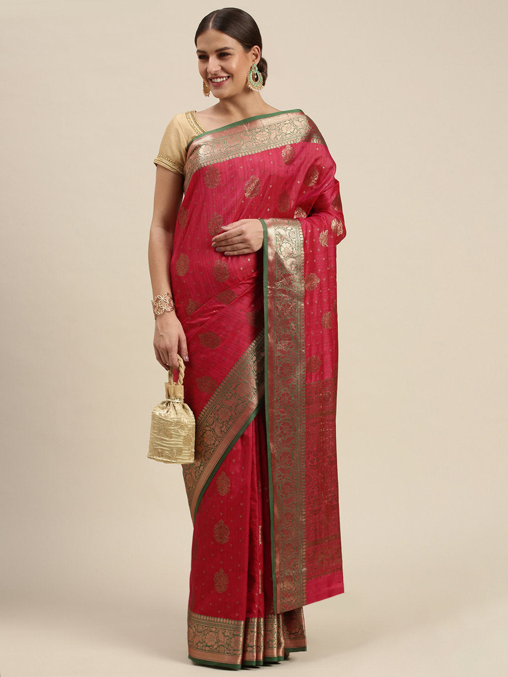 Women's Pink Silk Woven Work Traditional Saree - Sangam Prints