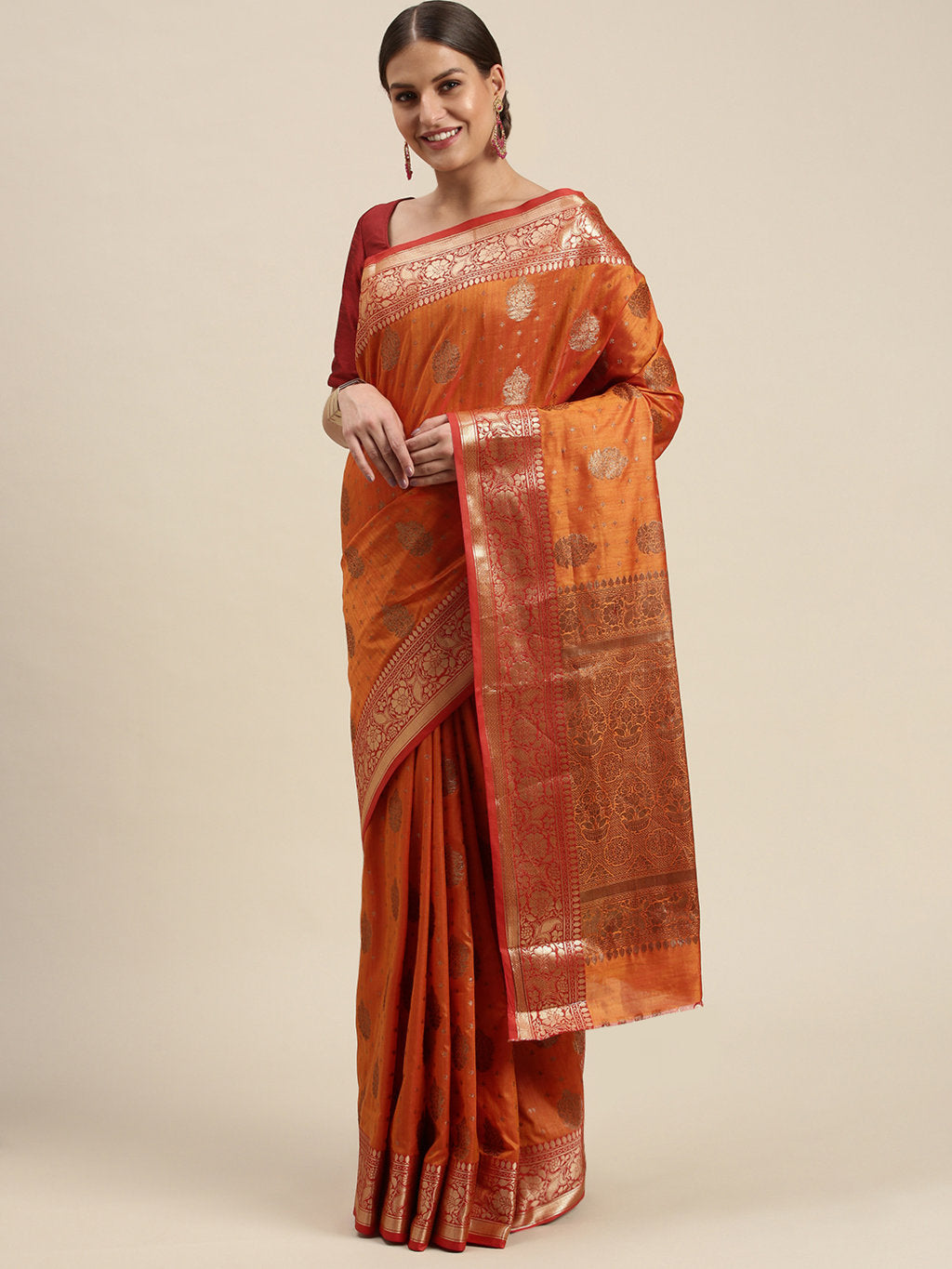 Women's Orange Silk Woven Work Traditional Saree - Sangam Prints