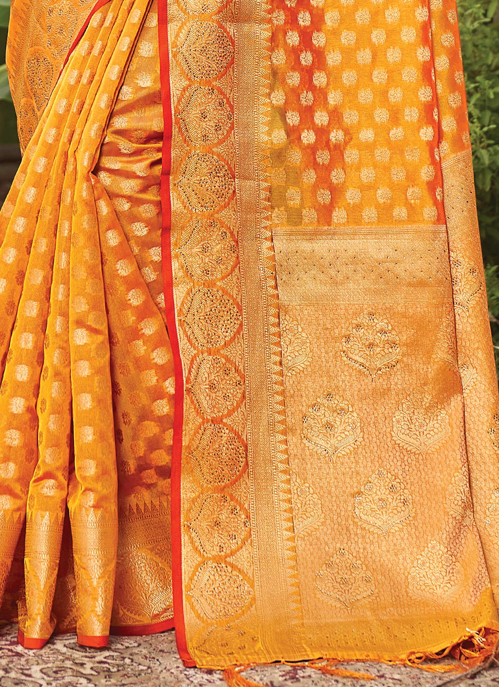 Women's Mustard Yellow Organza Woven Zari Work Traditional Tassle Saree - Sangam Prints
