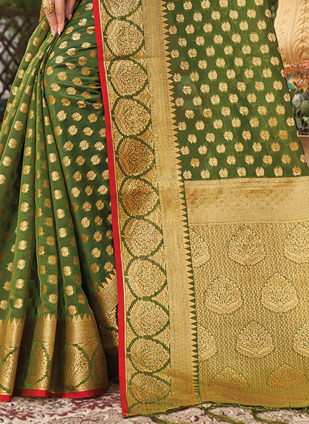 Women's Dark Green Organza Woven Zari Work Traditional Tassle Saree - Sangam Prints