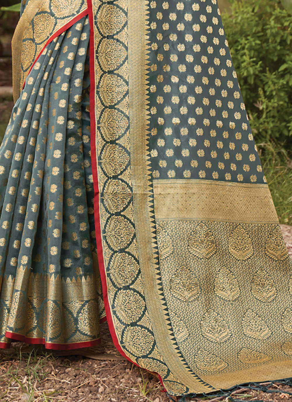 Women's Grey Organza Woven Zari Work Traditional Tassle Saree - Sangam Prints