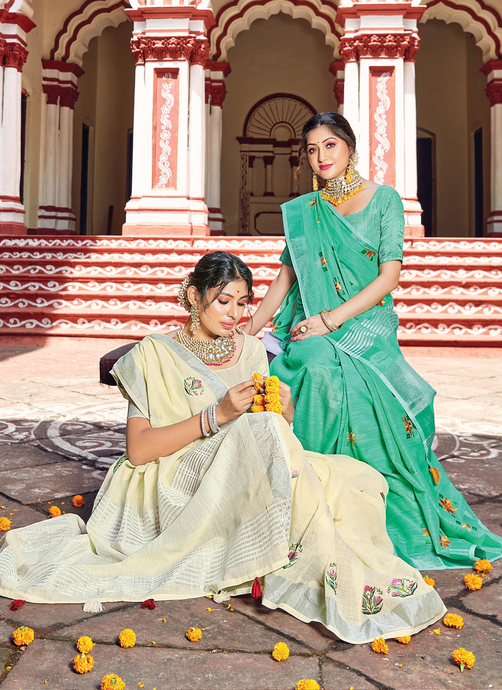 Women's Off White Linen Woven Work Traditional Tassle Saree - Sangam Prints