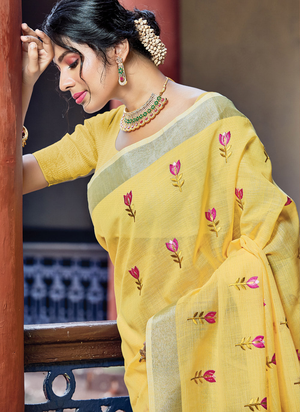 Women's Yellow Linen Woven Work Traditional Tassle Saree - Sangam Prints