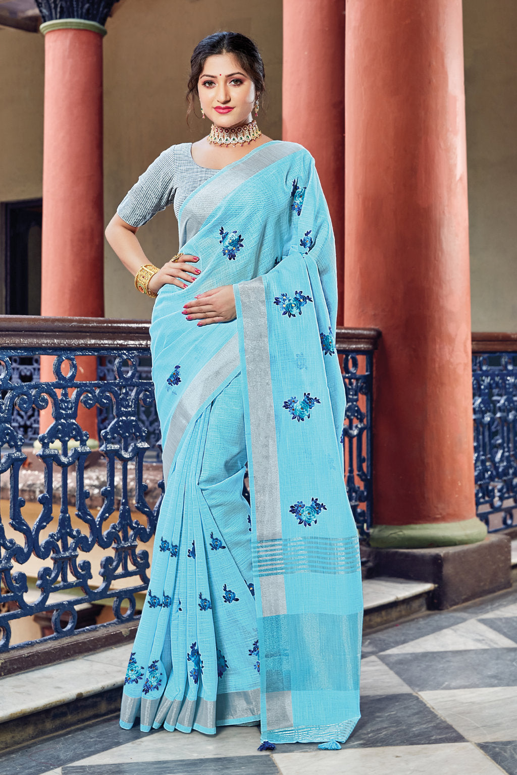 Women's Sky Blue Linen Woven Work Traditional Tassle Saree - Sangam Prints