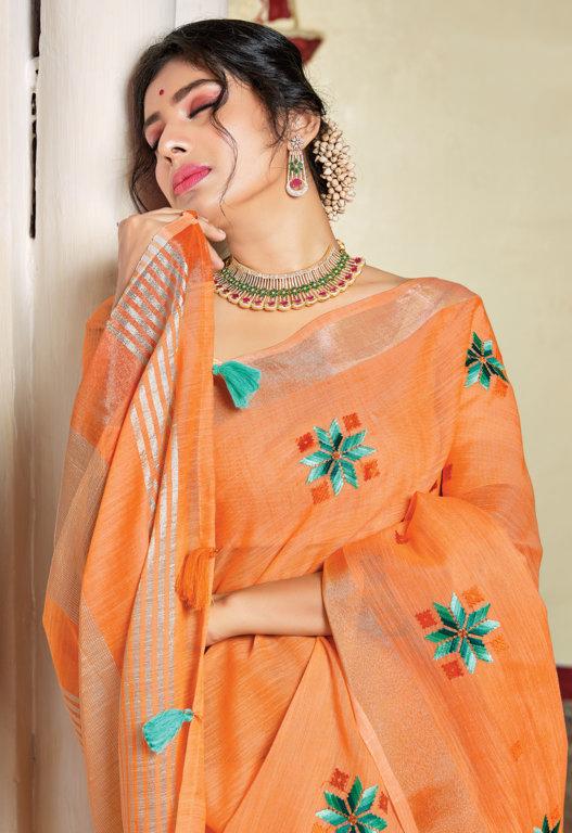 Women's Orange Linen Woven Work Traditional Tassle Saree - Sangam Prints