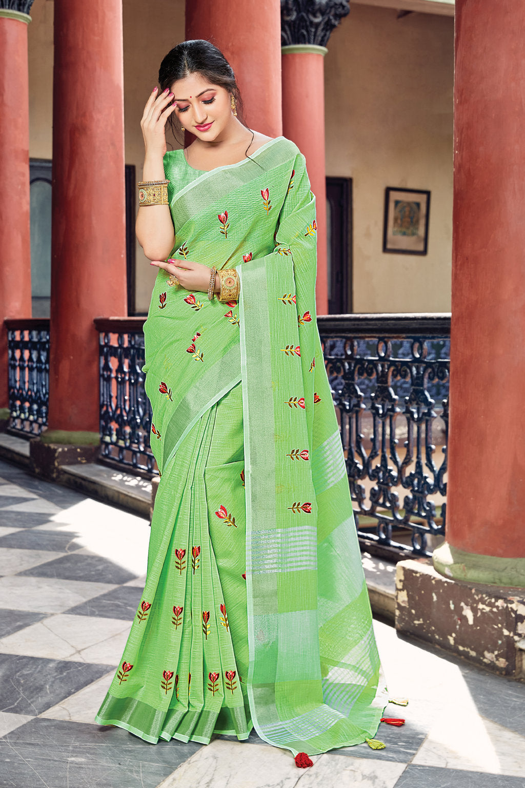 Women's Light Green Linen Woven Work Traditional Tassle Saree - Sangam Prints