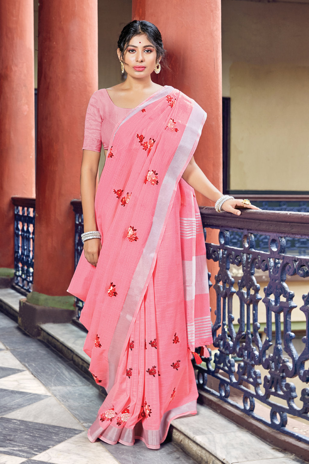 Women's Pink Linen Woven Work Traditional Tassle Saree - Sangam Prints