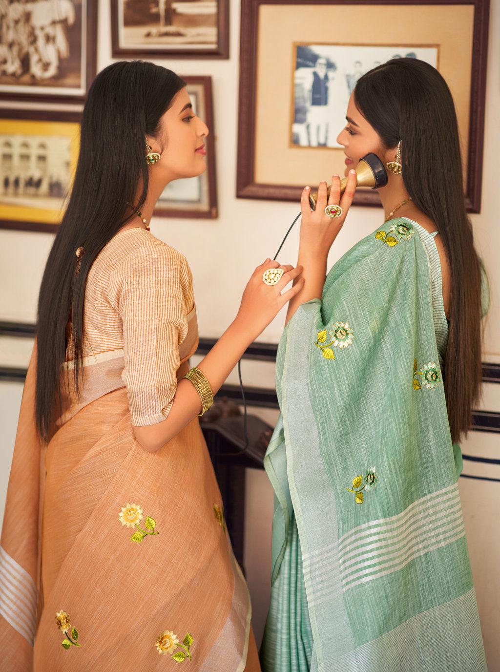 Women's Sea Green Linen Embroidery Traditional Tassle Saree - Sangam Prints