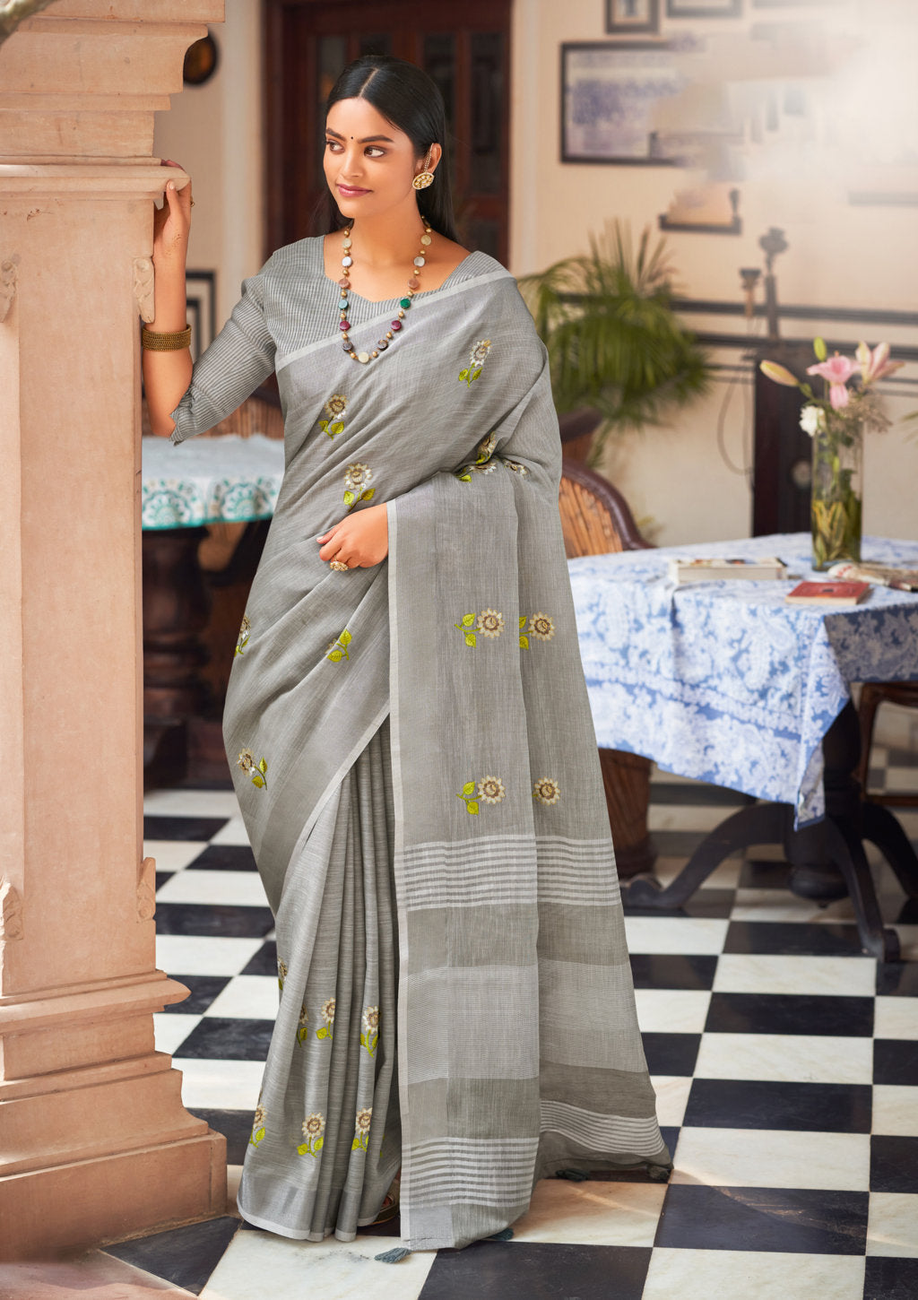Women's Grey Linen Embroidery Traditional Tassle Saree - Sangam Prints