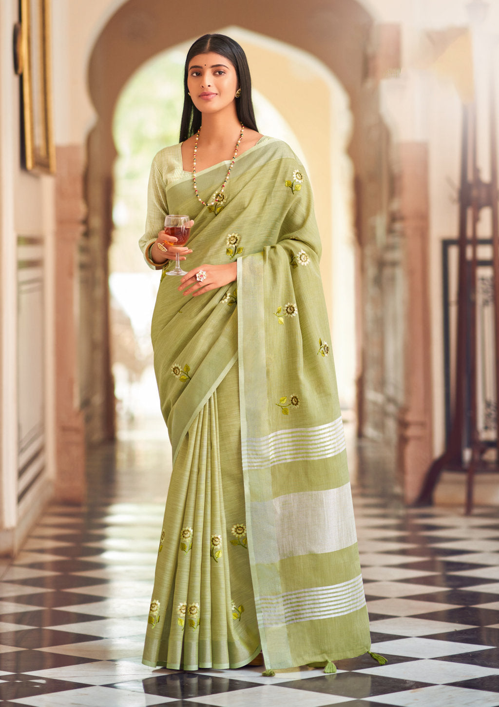 Women's Olive Green Linen Embroidery Traditional Tassle Saree - Sangam Prints