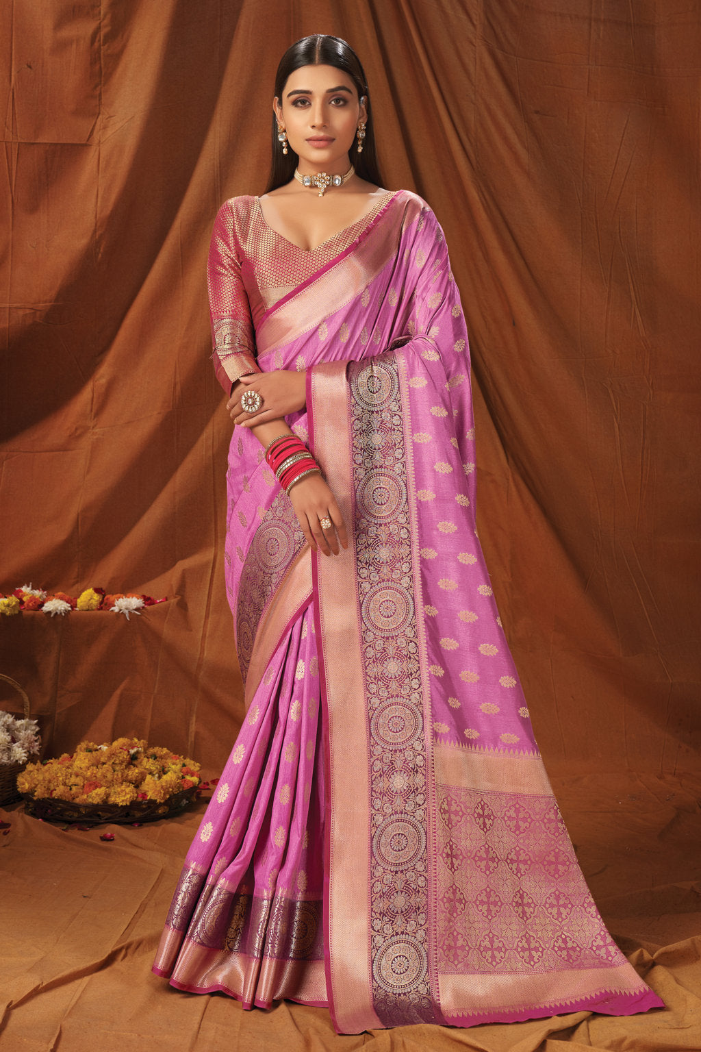 Women's Light Pink Silk Woven Work Traditional Saree - Sangam Prints