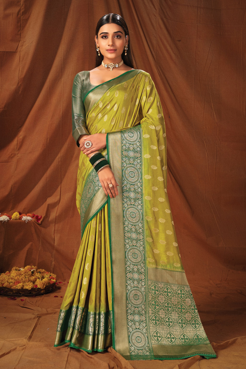 Women's Yellow Green Silk Woven Work Traditional Saree - Sangam Prints