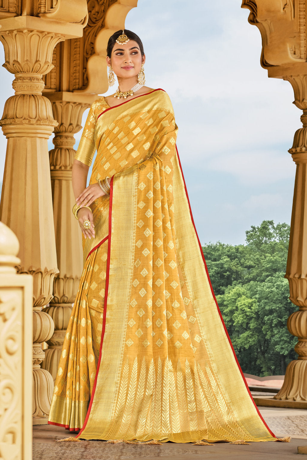 Women's Yellow Cotton Handloom Woven Work Traditional Tassle Saree - Sangam Prints