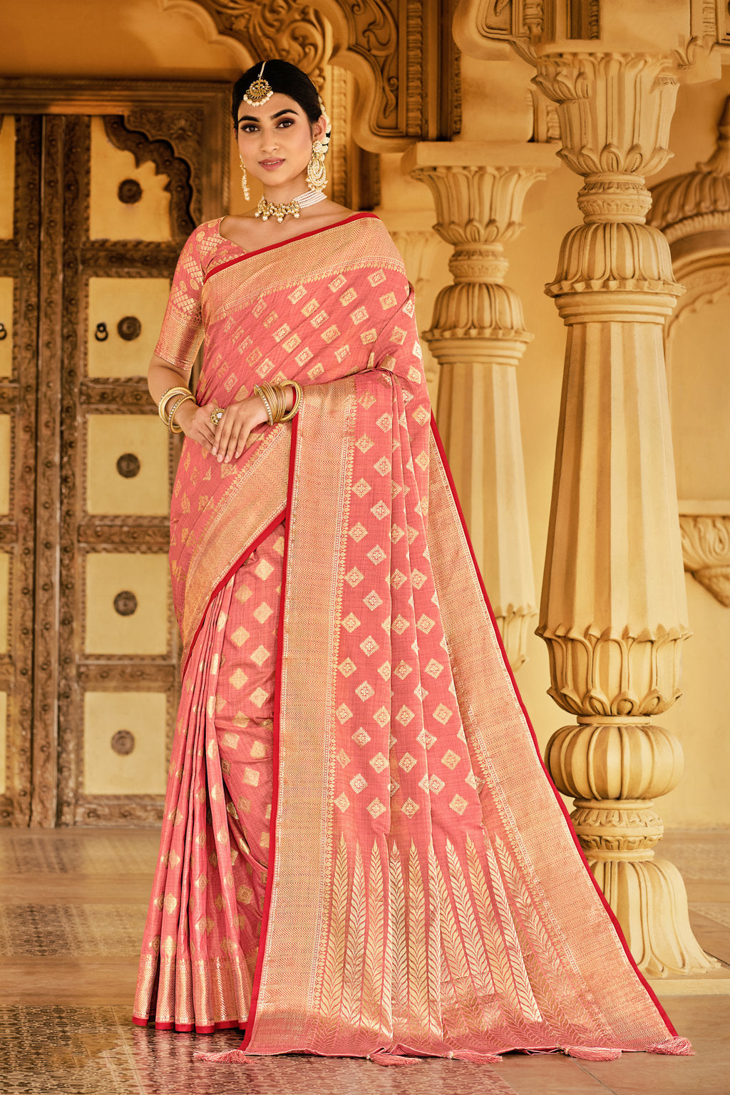 Women's Pink Cotton Handloom Woven Work Traditional Tassle Saree - Sangam Prints