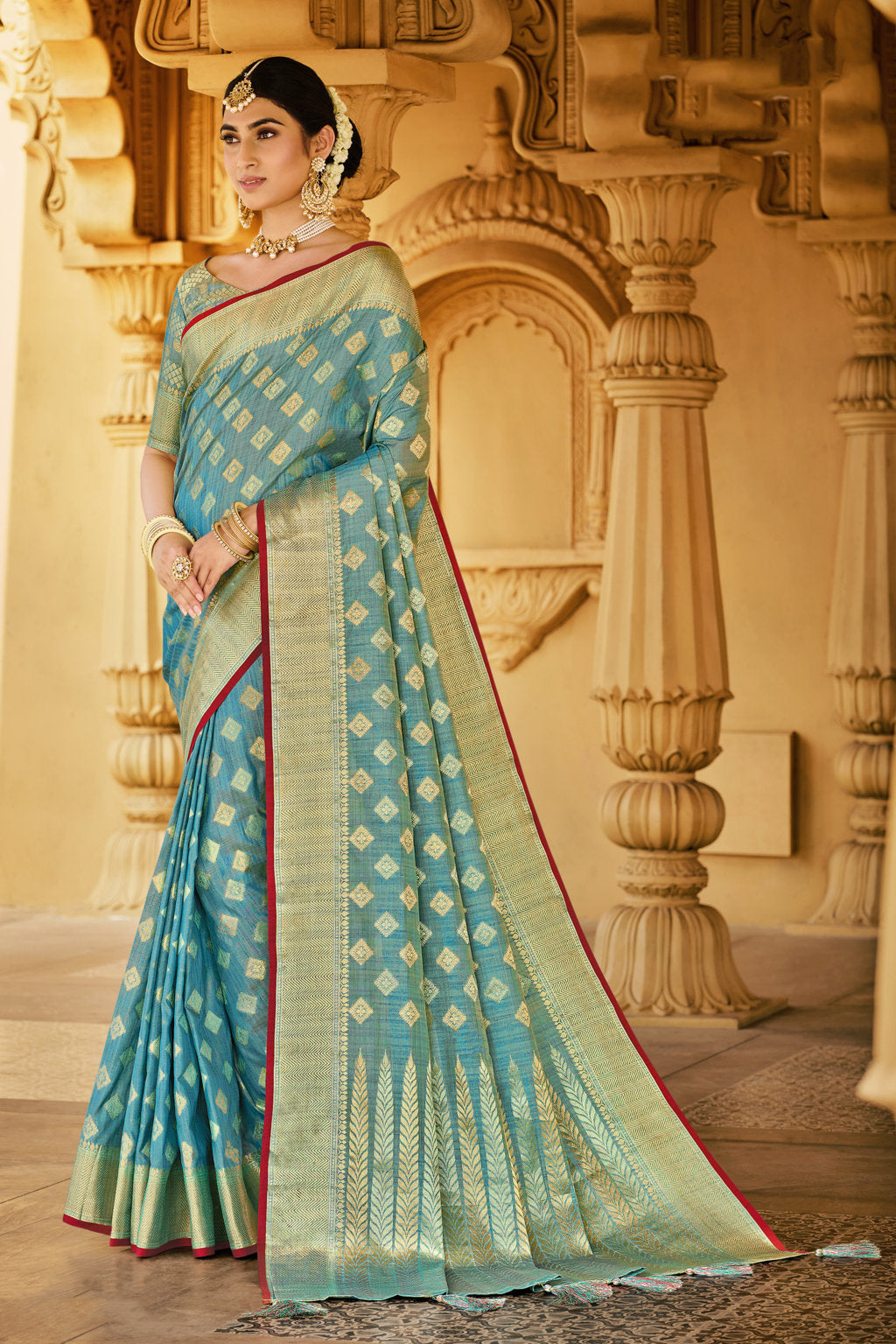 Women's Sky Blue Cotton Handloom Woven Work Traditional Tassle Saree - Sangam Prints