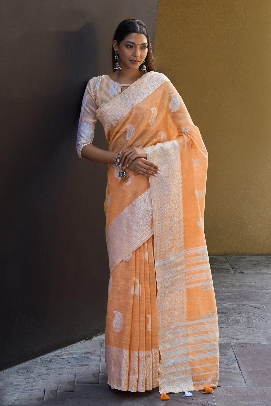 Women's Sangam Prints Orange Linen Thread Work Traditional Tassle saree - Sangam Prints