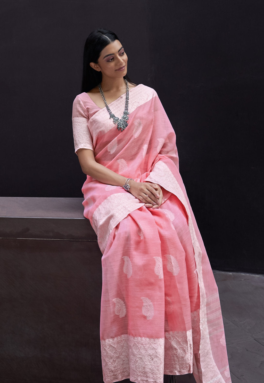 Women's Sangam Prints Pink Linen Thread Work Traditional Tassle saree - Sangam Prints