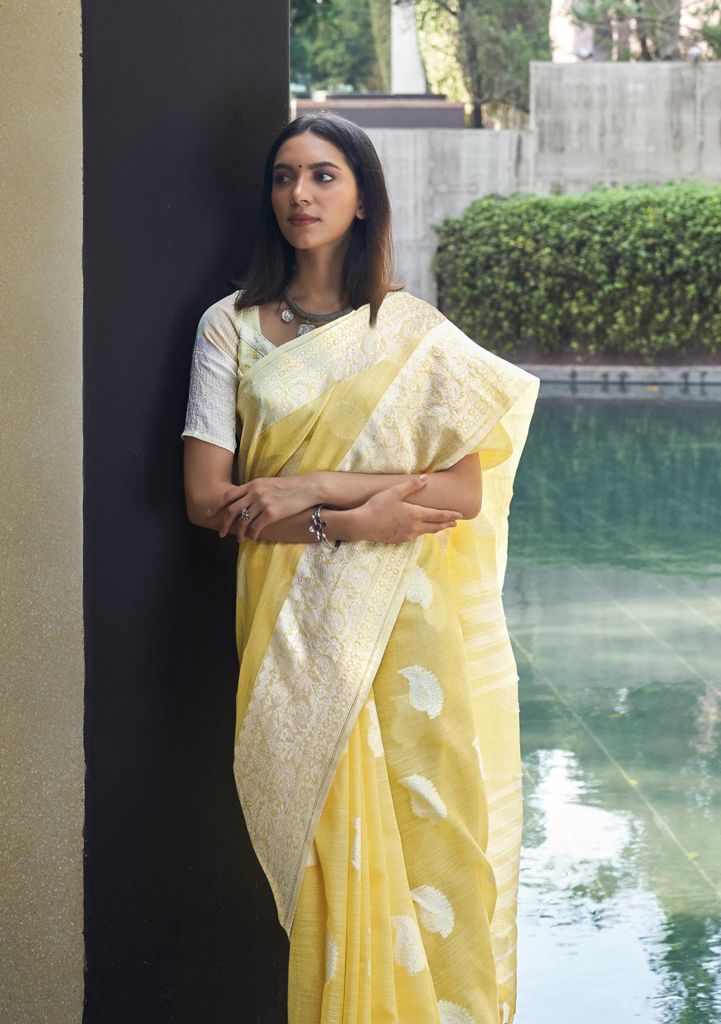 Women's Sangam Prints Yellow Linen Thread Work Traditional Tassle saree - Sangam Prints