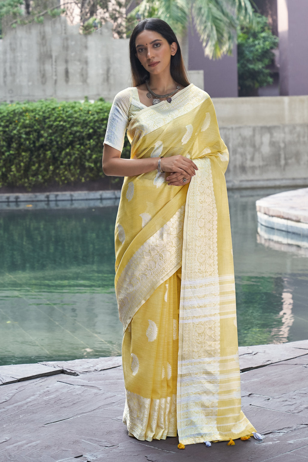 Women's Sangam Prints Yellow Linen Thread Work Traditional Tassle saree - Sangam Prints