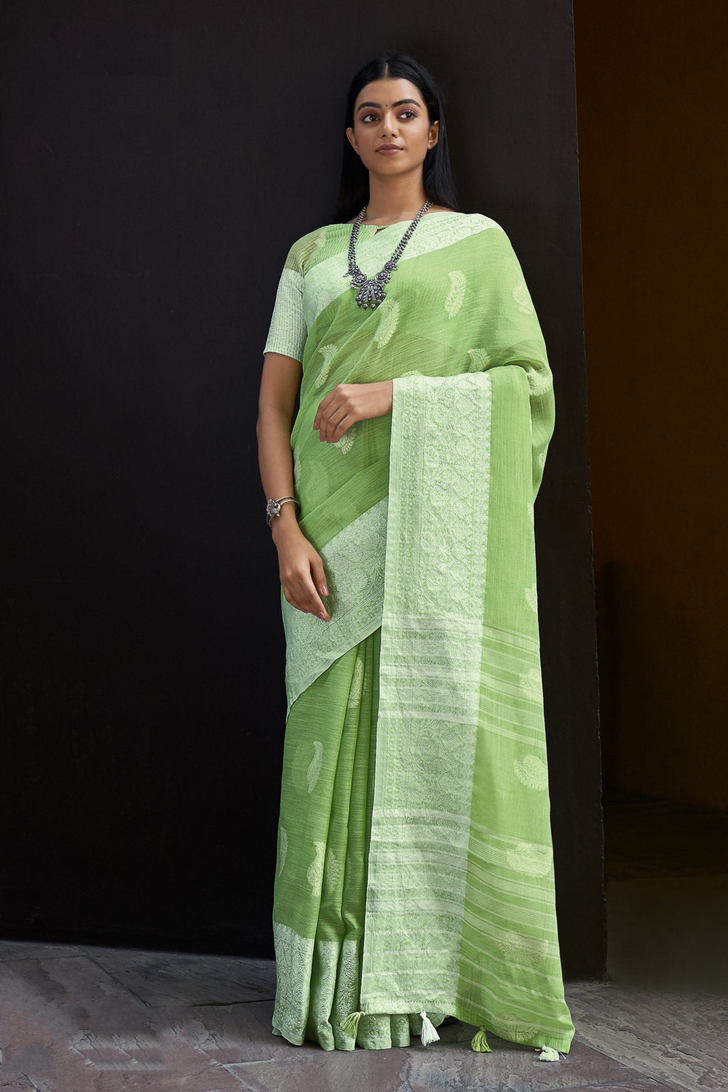 Women's Sangam Prints Light Green Linen Thread Work Traditional Tassle saree - Sangam Prints