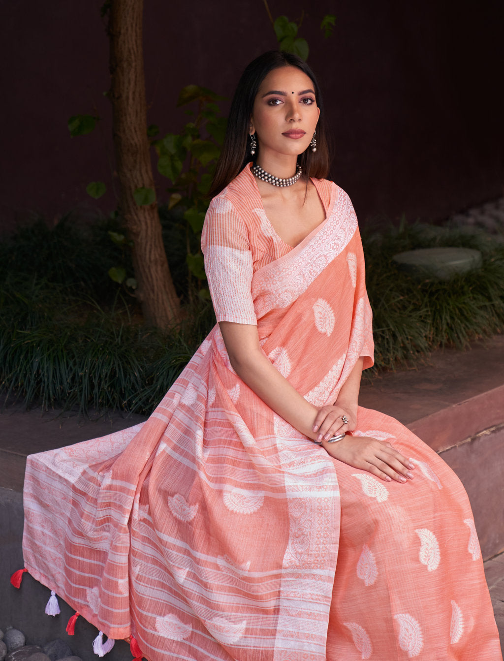 Women's Peach Linen Thread Work Traditional Tassle Saree - Sangam Prints